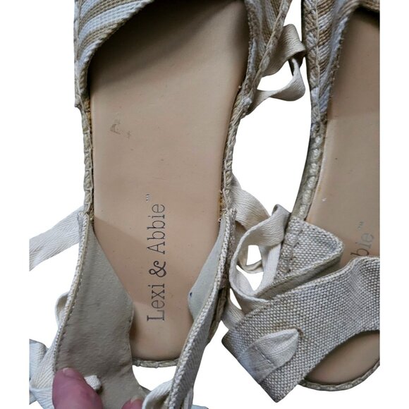 Lexi & Abbie Women's Beige & White Striped Espadrille Flats With Wraparound Ties - Picture 2 of 5